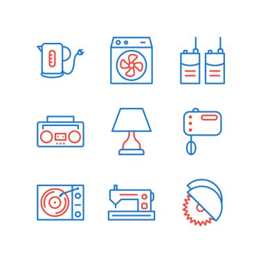 Beyaz arkaplanda 9 adet elektronik aygıt simgesi izole edildi...