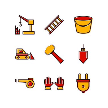 Beyaz arkaplanda 9 set inşaat simgesi izole edildi...