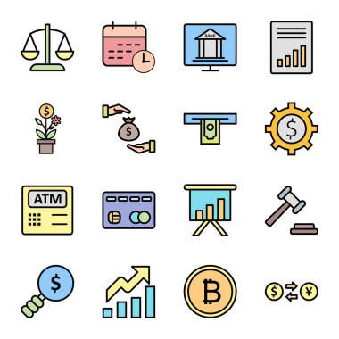 Beyaz arkaplanda 16 adet bankacılık simgesi izole edildi...