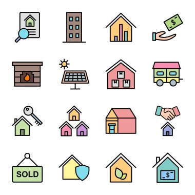 Beyaz arkaplanda izole edilmiş 16 adet emlak simgesi...