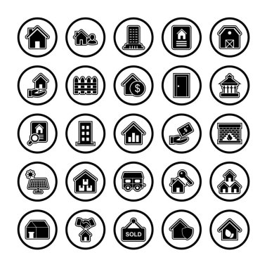 Beyaz Arkaplan Vektörü İzole Edilmiş Elementler Üzerine 25 Emlak Simgesi...