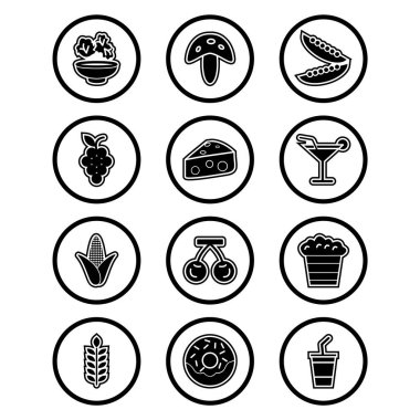 Beyaz Arkaplan Vektörü İzole Edilmiş Elementler Üzerine 12 Gıda Simgesi 