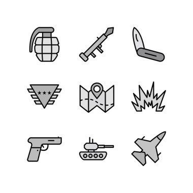 Beyaz arkaplanda 9 set askeri simge izole edildi...