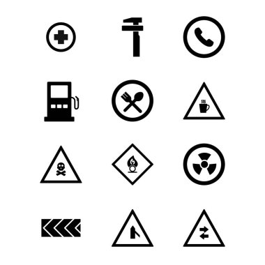 Beyaz arkaplanda 12 Yol İşareti simgesi izole edildi...