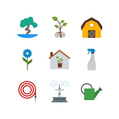 Beyaz arkaplanda 9 adet bahçe simgesi izole edildi...