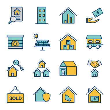 Beyaz Arkaplan Vektörü İzole Edilmiş Elementler Üzerine 16 Emlak Simgesi...