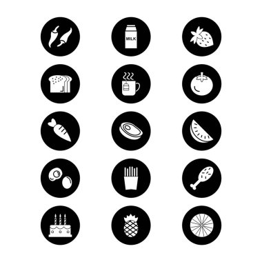 Beyaz arkaplanda 15 yiyecek simgesi izole edildi...