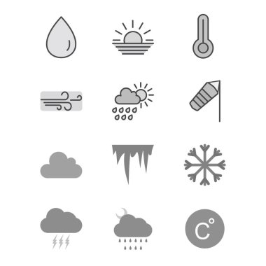 Beyaz arkaplanda 12 Hava Durumu simgesi izole edildi...