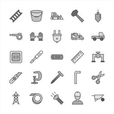 Beyaz arkaplanda 25 set inşaat simgesi izole edildi...