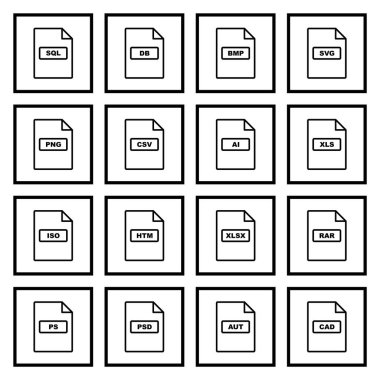 Beyaz Arkaplanda Ayırılmış 16 dosya biçimi Simge Sayfası...