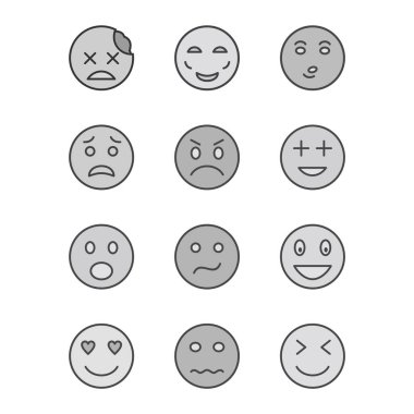 Beyaz arkaplanda 12 tane emoji simgesi izole edildi...