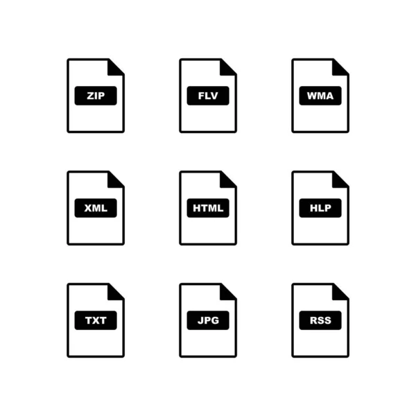 Set Von Dateiformaten Symbole Auf Weißem Hintergrund Vektor Isolierte Elemente — Stockvektor