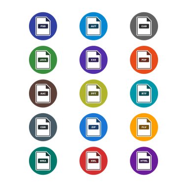 Beyaz arkaplanda 15 dosya biçimi simgesi izole edildi...