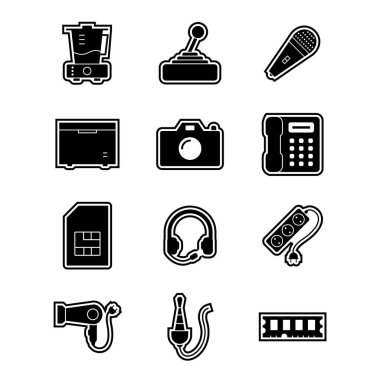 Beyaz arkaplanda 12 adet elektronik aygıt simgesi izole edildi...