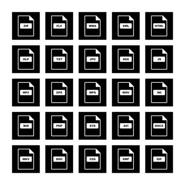 Beyaz arkaplanda 25 adet dosya biçimi simgesi izole edildi...