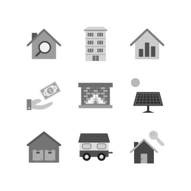 Beyaz arkaplanda 9 adet emlak simgesi izole edildi...