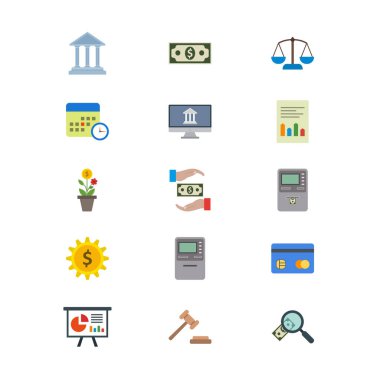 Beyaz Arkaplan Vektörü İzole Edilmiş Elementler Üzerine 15 Bankacılık Simgesi...
