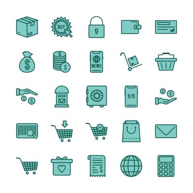 Beyaz arkaplanda 25 adet e-ticaret simgesi izole edildi...