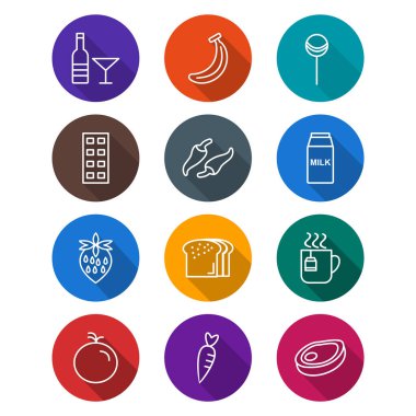 Beyaz Arkaplan Vektörü İzole Edilmiş Elementler Üzerine 12 Gıda Simgesi 