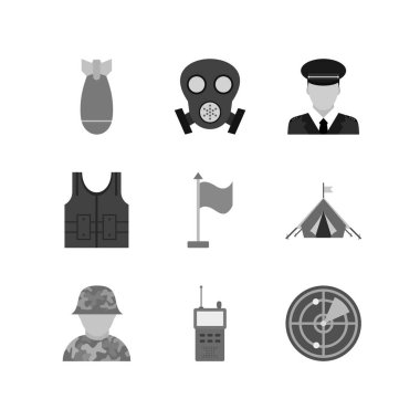 Beyaz arkaplanda 9 set askeri simge izole edildi...