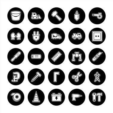 Beyaz Arkaplan Vektörü İzole Edilmiş Elementler Üzerine 25 inşaat Simgesi...