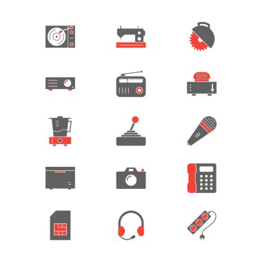 Beyaz arkaplanda 15 adet elektronik aygıt simgesi izole edildi...