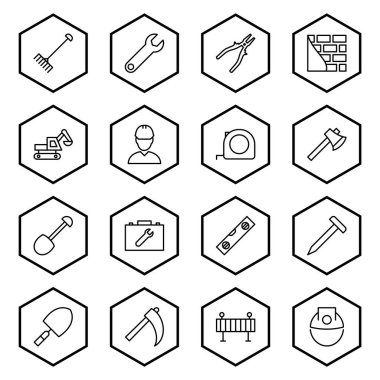 Beyaz Arkaplanda İzole Edilmiş 16 inşaat Simgesi Simgesi...