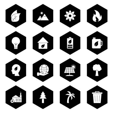 Beyaz arkaplanda izole edilmiş 16 adet eko simgesi...