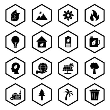 Beyaz arkaplanda izole edilmiş 16 adet eko simgesi...