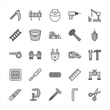 Beyaz arkaplanda 25 set inşaat simgesi izole edildi...