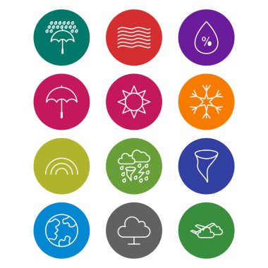 Beyaz Arkaplan Vektörü İzole Edilmiş Elementler Üzerine 12 Hava Durumu Simgesi...