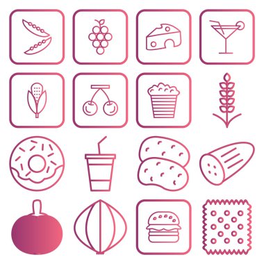 Beyaz arkaplanda izole edilmiş 16 yiyecek simgesi...