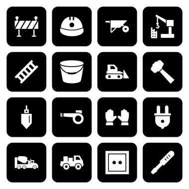 Beyaz arkaplanda izole edilmiş 16 set inşaat simgesi...