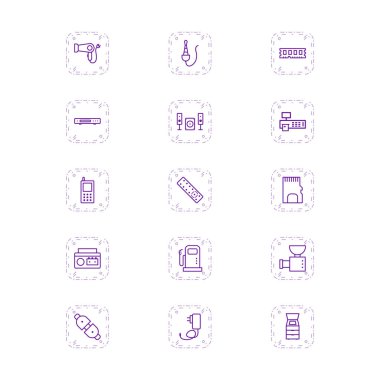 Beyaz arkaplanda 15 adet elektronik aygıt simgesi izole edildi...