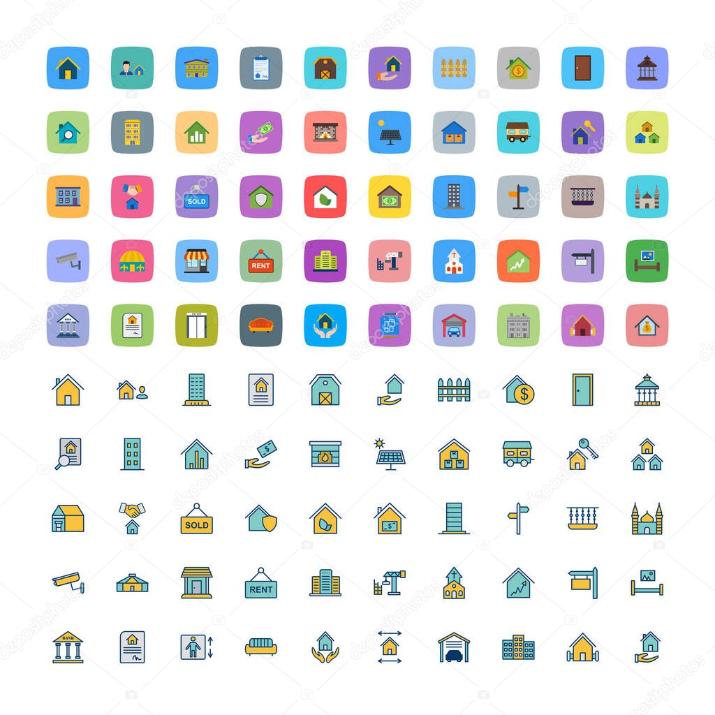 Set of 100 real estate Icons on White Background Vector Isolated Elements...