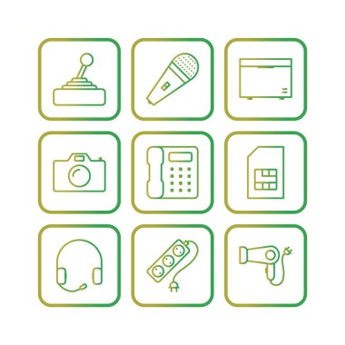 Beyaz arkaplanda 9 adet elektronik aygıt simgesi izole edildi...