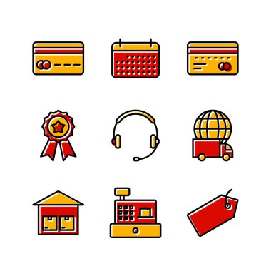 Beyaz arkaplanda 9 adet e-ticaret simgesi izole edildi...