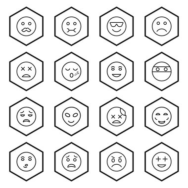 Beyaz arkaplanda izole edilmiş 16 tane emoji simgesi...