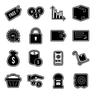 Beyaz arkaplanda 16 adet e-ticaret simgesi izole edildi...