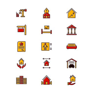 Beyaz arkaplanda 15 adet emlak simgesi izole edildi...