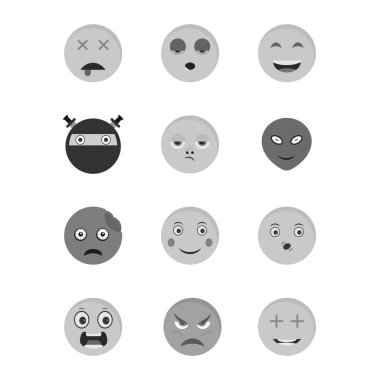 Beyaz arkaplanda 12 tane emoji simgesi izole edildi...