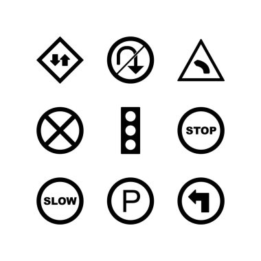 9 Yol İşareti Simgesi Sayfası Beyaz Arkaplanda İzole Edildi...