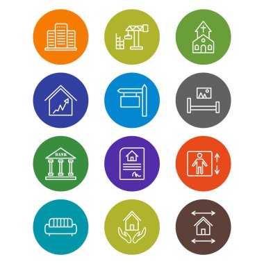 Beyaz Arkaplan Vektörü İzole Edilmiş Elementler Üzerine 12 Emlak Simgesi...