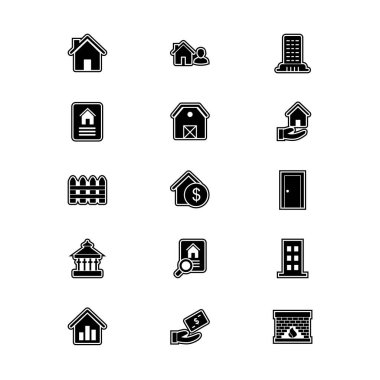 Beyaz arkaplanda 15 adet emlak simgesi izole edildi...