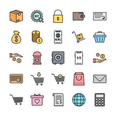 Beyaz arkaplanda 25 adet e-ticaret simgesi izole edildi...