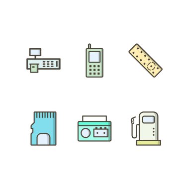 Beyaz arkaplanda 6 adet elektronik aygıt simgesi izole edildi...