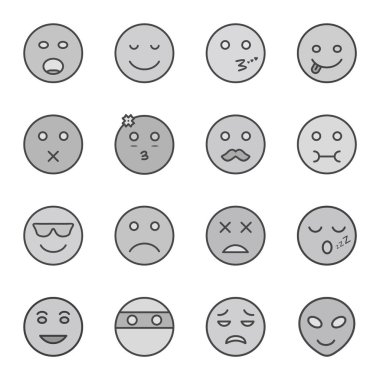 Beyaz arkaplanda izole edilmiş 16 tane emoji simgesi...