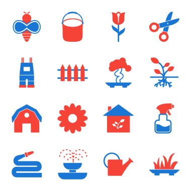 Beyaz arkaplanda izole edilmiş 16 bahçe simgesi...