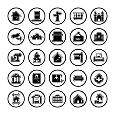 Beyaz Arkaplan Vektörü İzole Edilmiş Elementler Üzerine 25 Emlak Simgesi...