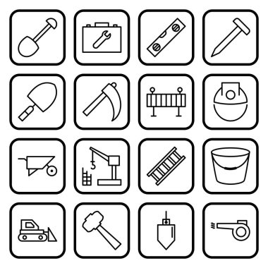 Beyaz Arkaplan Vektörü İzole Edilmiş Elementler Üzerine 16 inşaat Simgesi...